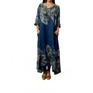 NEW PURO LINO westley floral print linen dress in blue